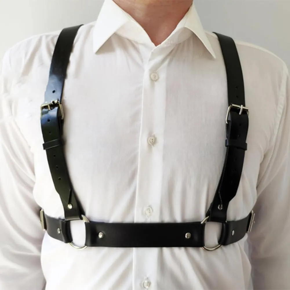 HSQSMWJ Men's Faux Leather Buckle Straps Harness Belt Metal Body Shoulder Chest Belts Cosplay Clubwear