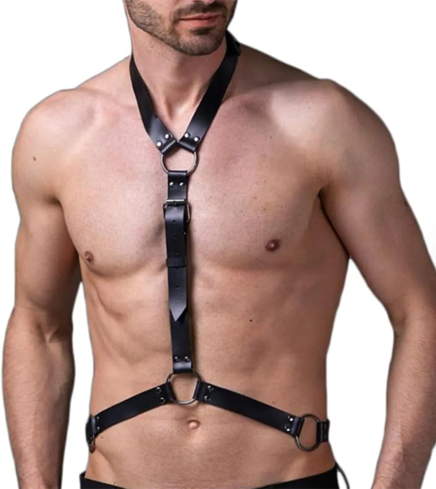 HSQSMWJ Men's PU Leather Halter Body Harness Adjustable Belt Cage Clubwear Costume