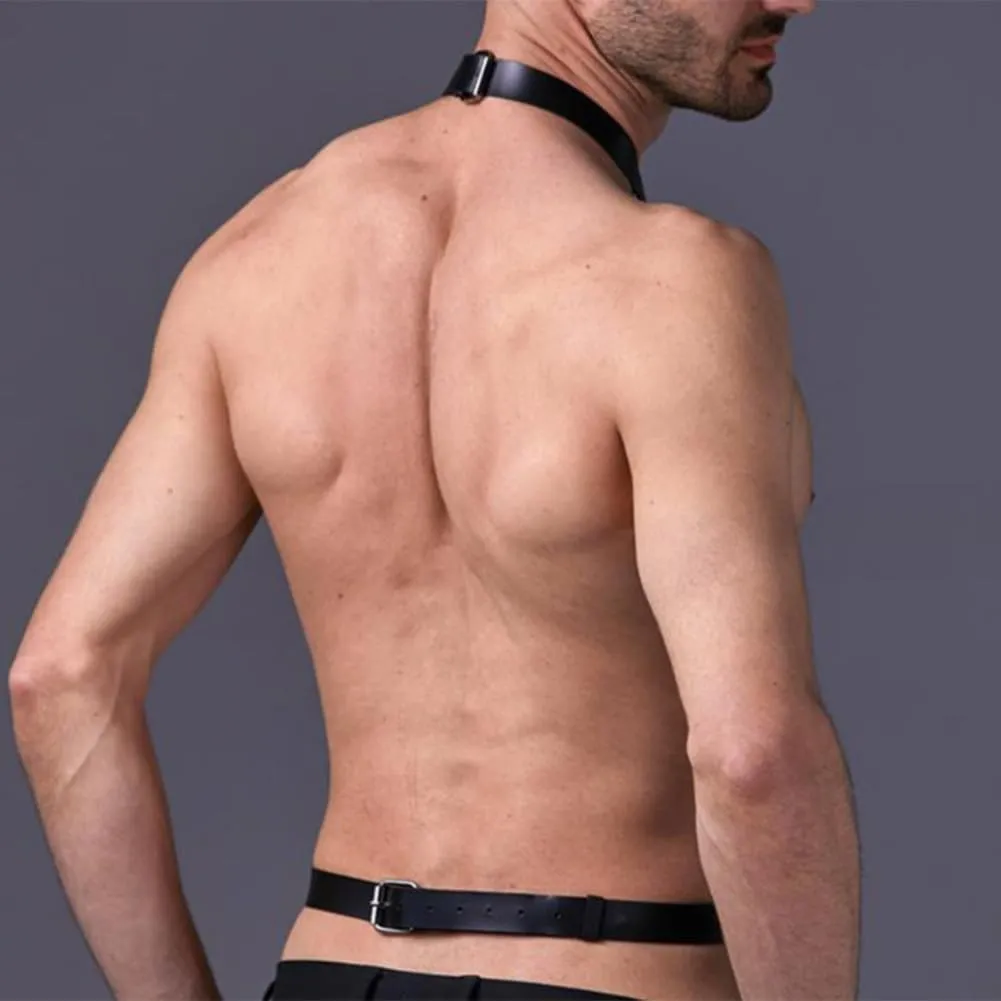 HSQSMWJ Men's PU Leather Halter Body Harness Adjustable Belt Cage Clubwear Costume