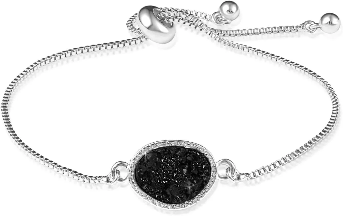 Humble Chic NY Simulated Druzy Chain Bracelet for Women - Boho Stackable Adjustable Bolo Slider Bracelet, Plated in 14K Gold or 925 Sterling Silver with Oval Stone