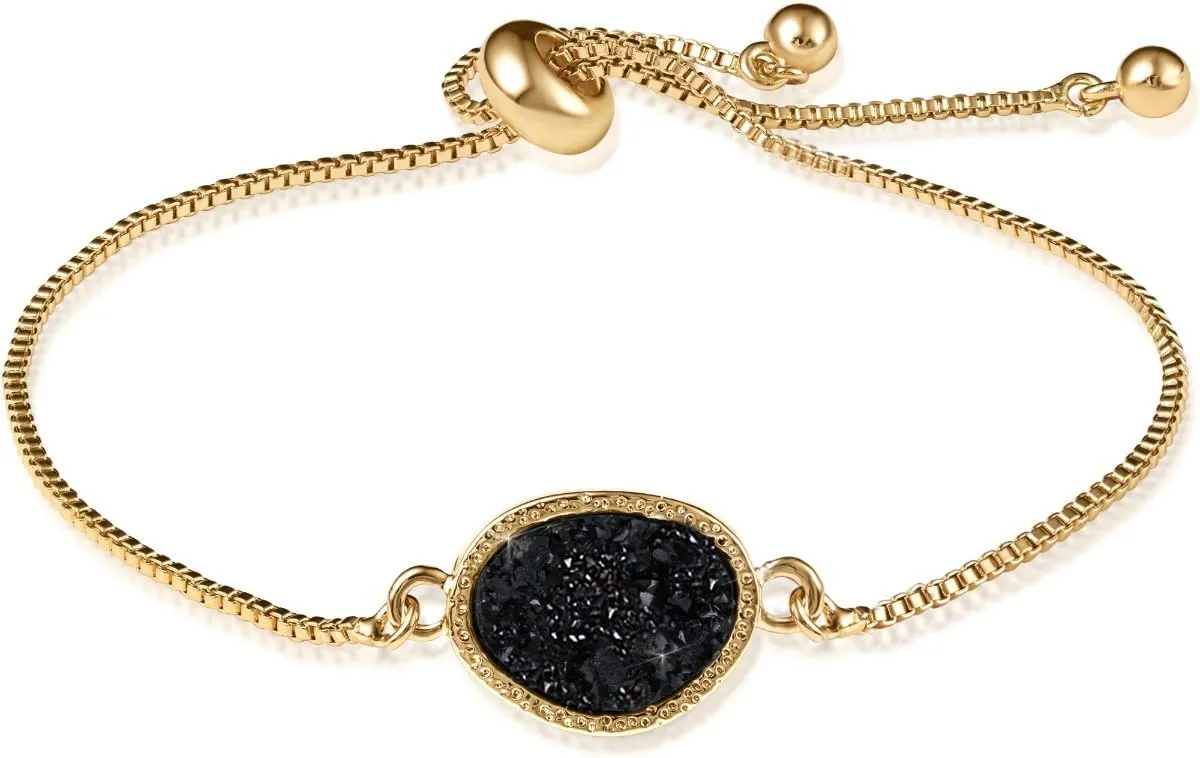 Humble Chic NY Simulated Druzy Chain Bracelet for Women - Boho Stackable Adjustable Bolo Slider Bracelet, Plated in 14K Gold or 925 Sterling Silver with Oval Stone