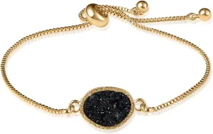 Humble Chic NY Simulated Druzy Chain Bracelet for Women - Boho Stackable Adjustable Bolo Slider Bracelet, Plated in 14K Gold or 925 Sterling Silver with Oval Stone