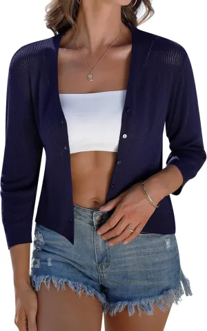 iClosam Womens Summer Lightweight Cropped Cardigans 3/4 Sleeve Knit Shrugs V Neck Button Down Cardigans Sweaters
