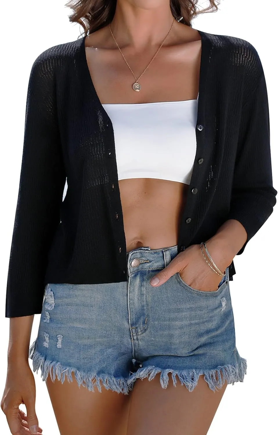 iClosam Womens Summer Lightweight Cropped Cardigans 3/4 Sleeve Knit Shrugs V Neck Button Down Cardigans Sweaters