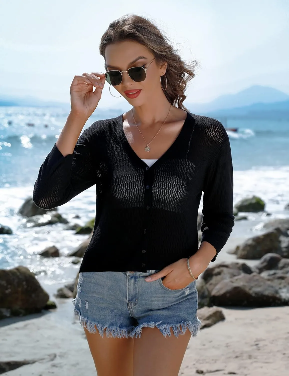 iClosam Womens Summer Lightweight Cropped Cardigans 3/4 Sleeve Knit Shrugs V Neck Button Down Cardigans Sweaters