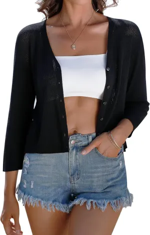 iClosam Womens Summer Lightweight Cropped Cardigans 3/4 Sleeve Knit Shrugs V Neck Button Down Cardigans Sweaters