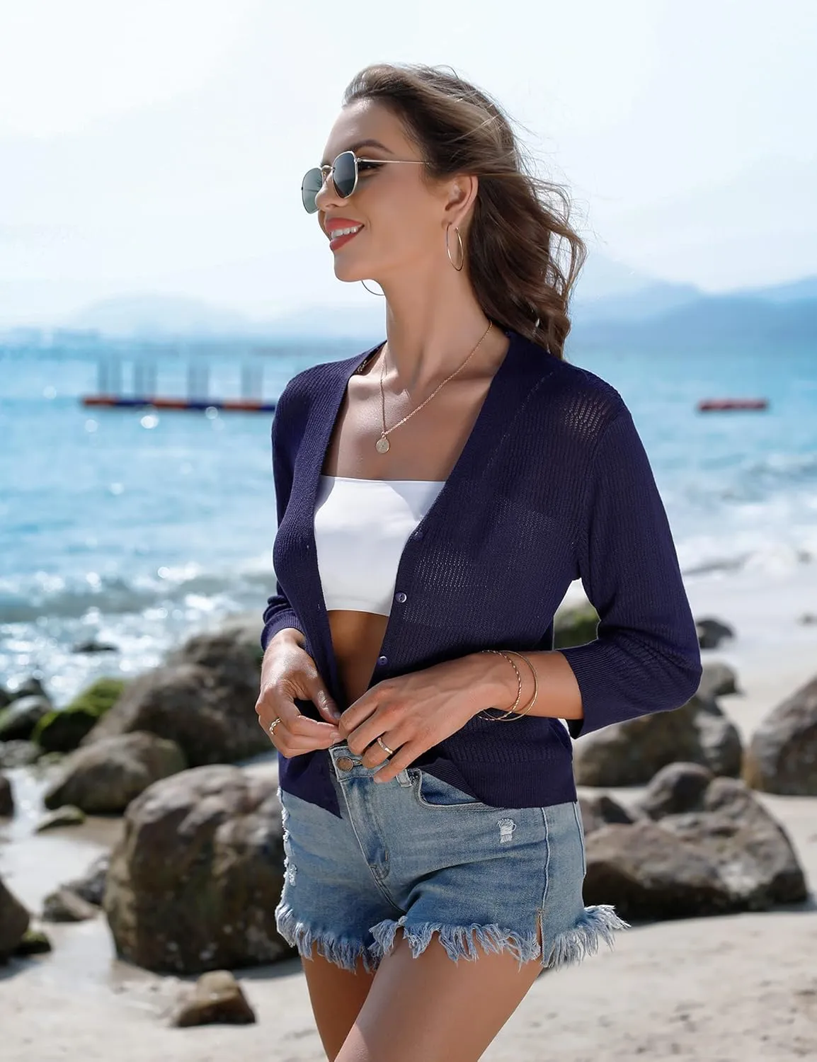iClosam Womens Summer Lightweight Cropped Cardigans 3/4 Sleeve Knit Shrugs V Neck Button Down Cardigans Sweaters
