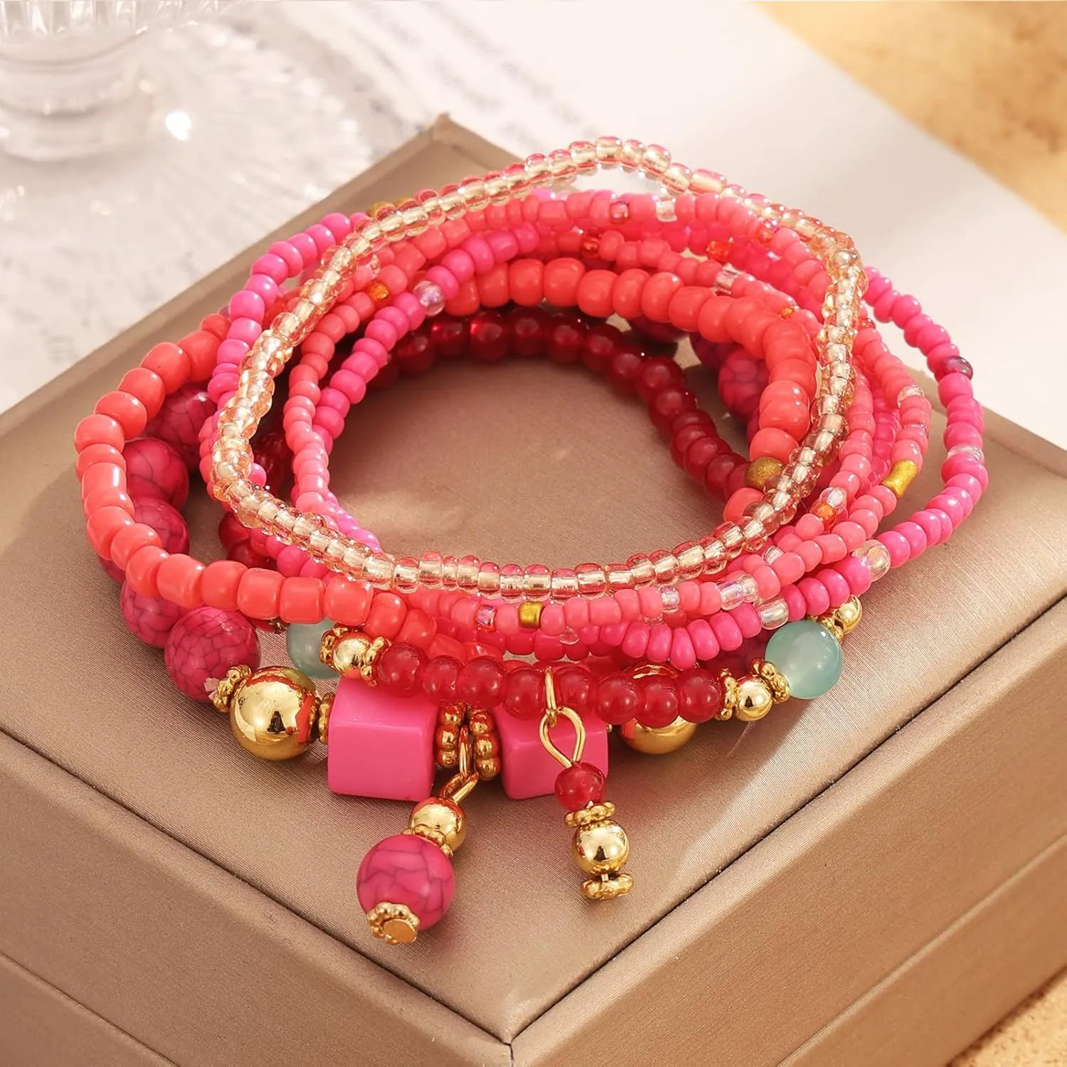 IFKM 8PCS Beaded Bracelets for Women, Multilayered Stackable Strand Stretch Bead Bracelet Pack Handmade Trendy Bohemian Charm Jewelry