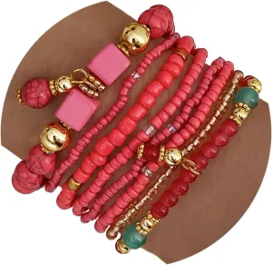 IFKM 8PCS Beaded Bracelets for Women, Multilayered Stackable Strand Stretch Bead Bracelet Pack Handmade Trendy Bohemian Charm Jewelry