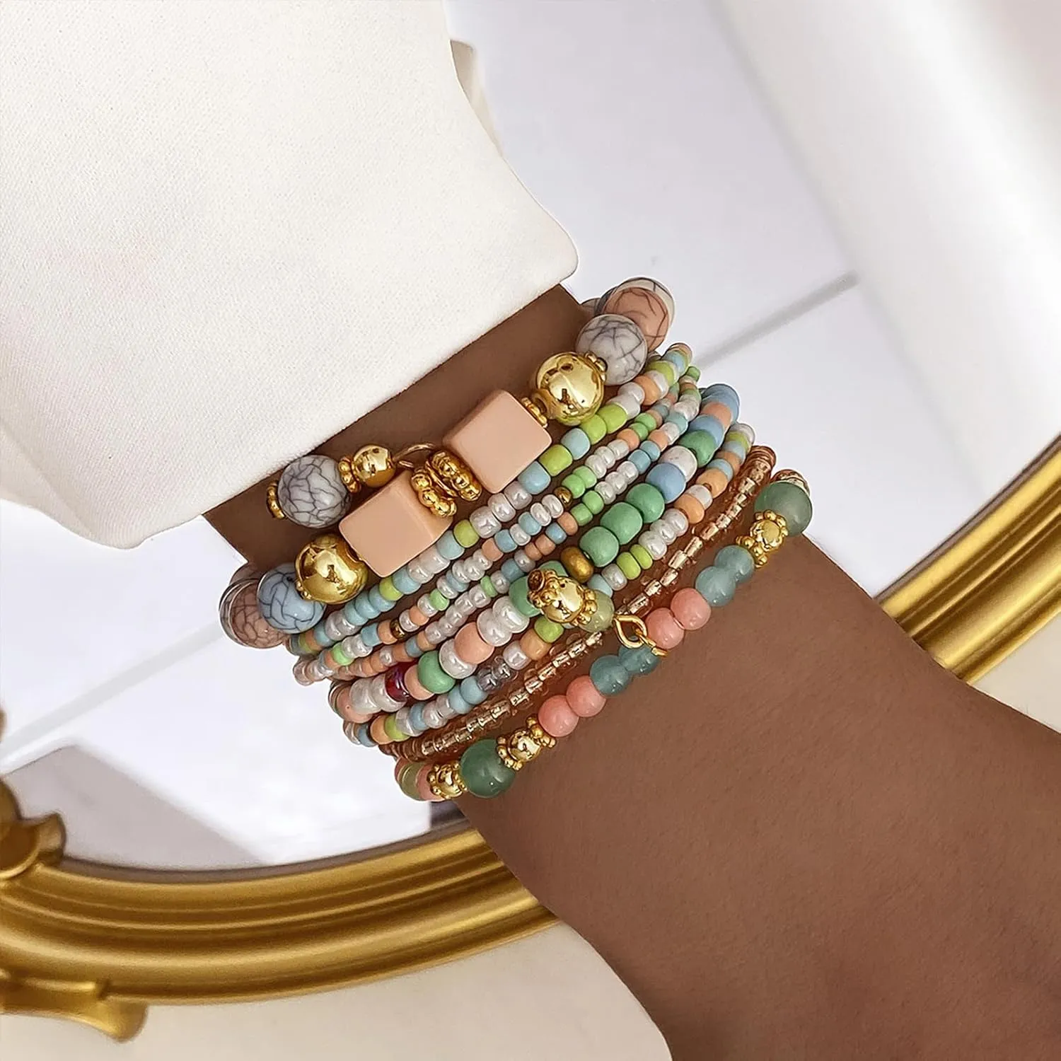 IFKM 8PCS Beaded Bracelets for Women, Multilayered Stackable Strand Stretch Bead Bracelet Pack Handmade Trendy Bohemian Charm Jewelry