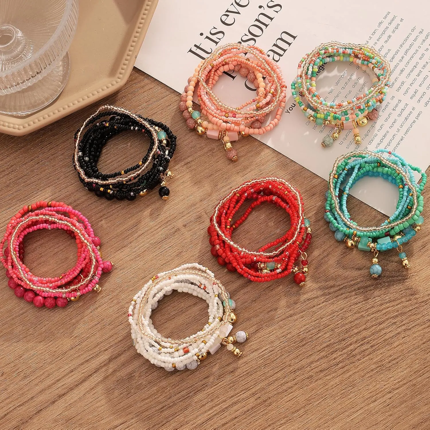 IFKM 8PCS Beaded Bracelets for Women, Multilayered Stackable Strand Stretch Bead Bracelet Pack Handmade Trendy Bohemian Charm Jewelry