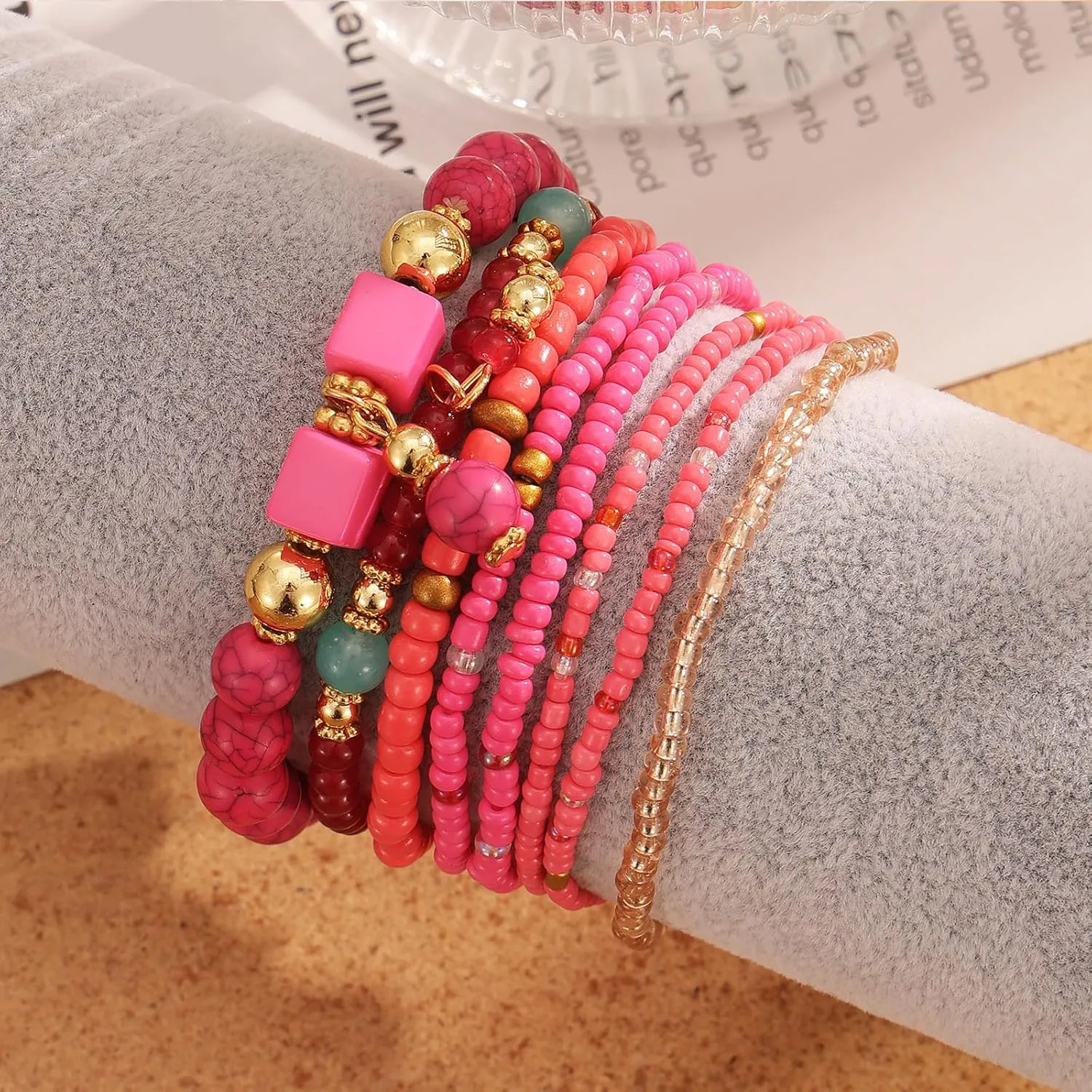 IFKM 8PCS Beaded Bracelets for Women, Multilayered Stackable Strand Stretch Bead Bracelet Pack Handmade Trendy Bohemian Charm Jewelry