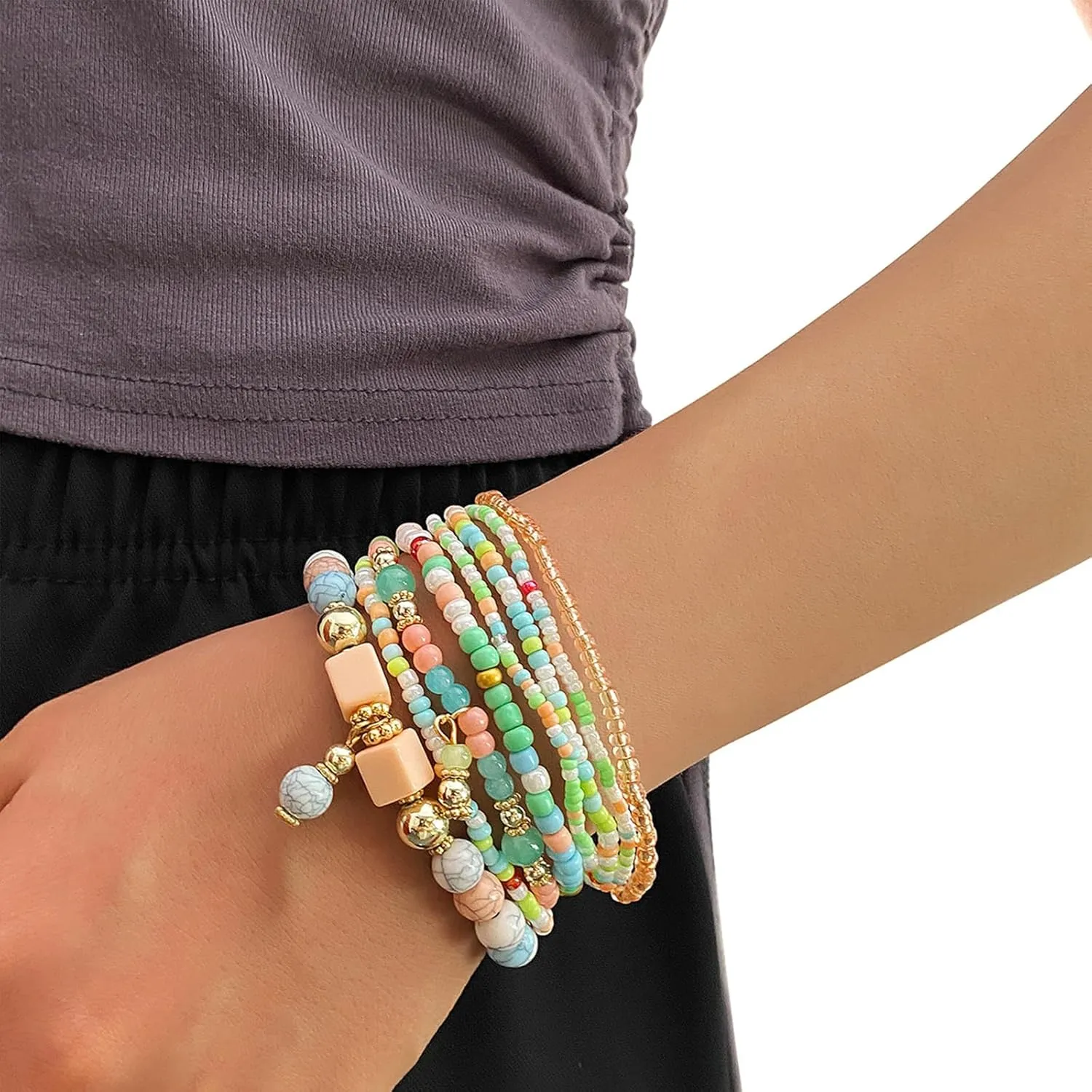 IFKM 8PCS Beaded Bracelets for Women, Multilayered Stackable Strand Stretch Bead Bracelet Pack Handmade Trendy Bohemian Charm Jewelry