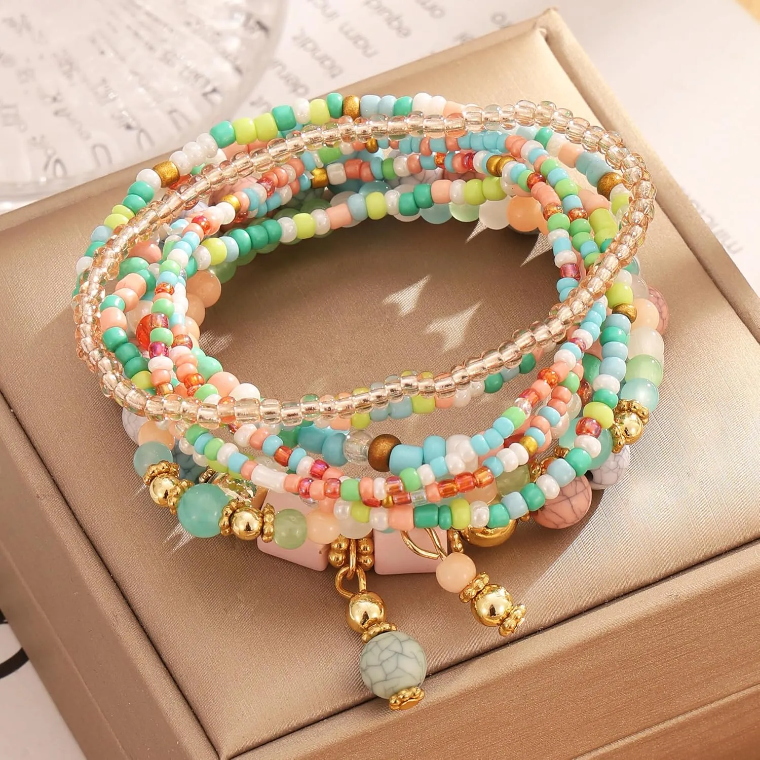 IFKM 8PCS Beaded Bracelets for Women, Multilayered Stackable Strand Stretch Bead Bracelet Pack Handmade Trendy Bohemian Charm Jewelry