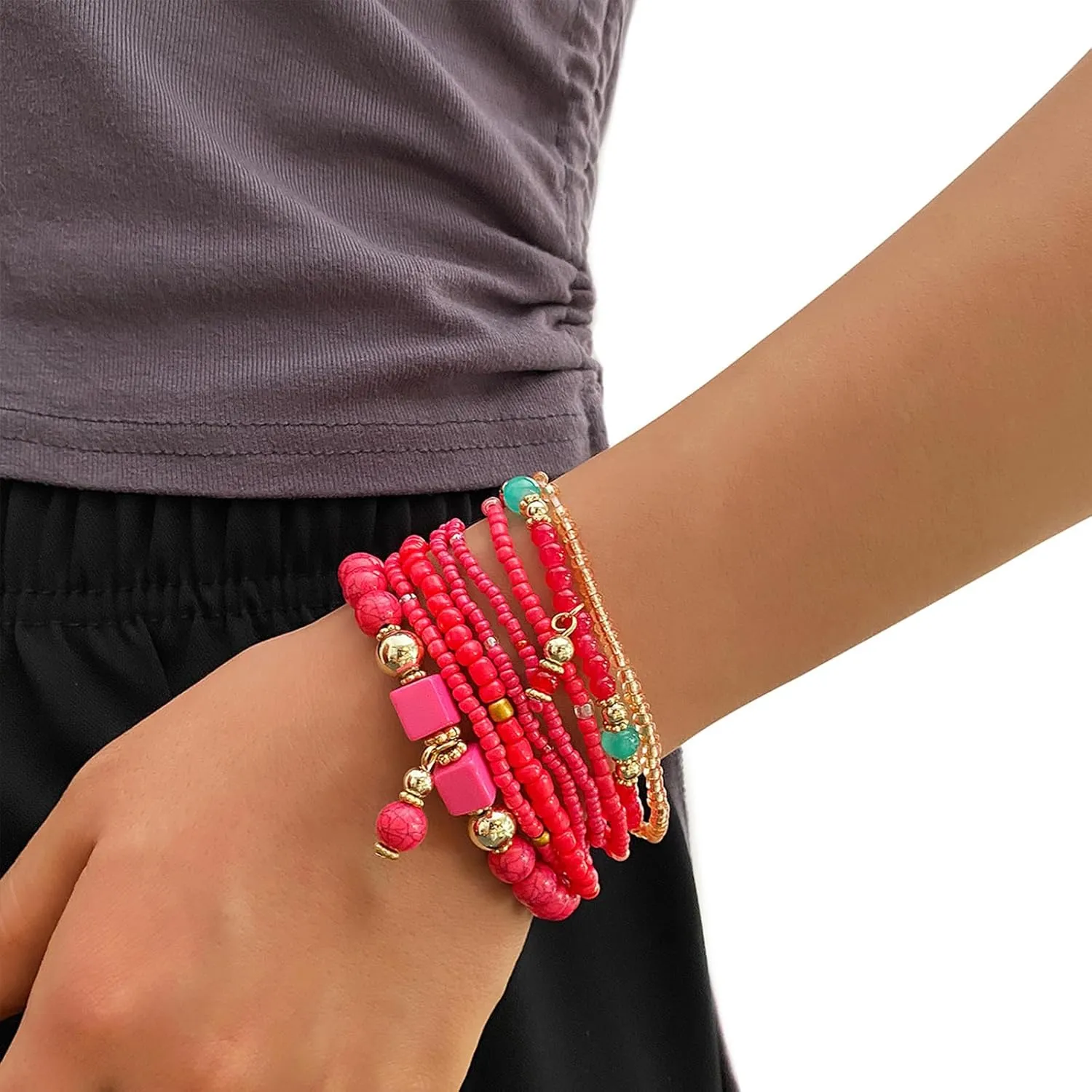 IFKM 8PCS Beaded Bracelets for Women, Multilayered Stackable Strand Stretch Bead Bracelet Pack Handmade Trendy Bohemian Charm Jewelry
