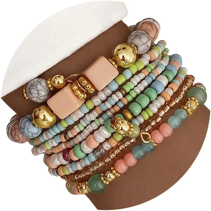 IFKM 8PCS Beaded Bracelets for Women, Multilayered Stackable Strand Stretch Bead Bracelet Pack Handmade Trendy Bohemian Charm Jewelry