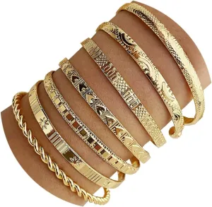 IFKM Gold Bangle Bracelets For Women, 14k Gold Plated Multi Layer Stackable Cuff Bracelet Set, Trendy Elegance Charms Non Tarnish Minimalist Textured Boho Jewelry Gift for Women