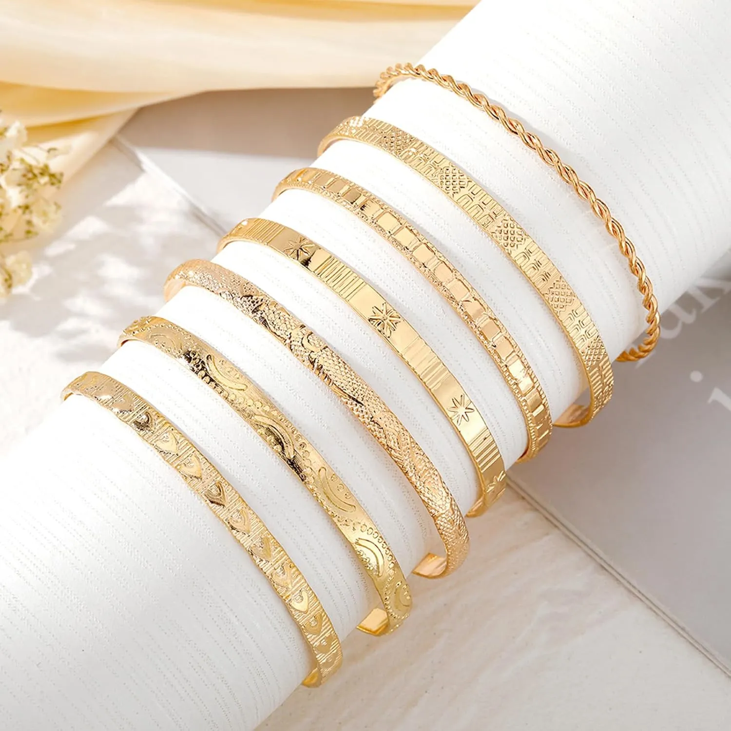 IFKM Gold Bangle Bracelets For Women, 14k Gold Plated Multi Layer Stackable Cuff Bracelet Set, Trendy Elegance Charms Non Tarnish Minimalist Textured Boho Jewelry Gift for Women