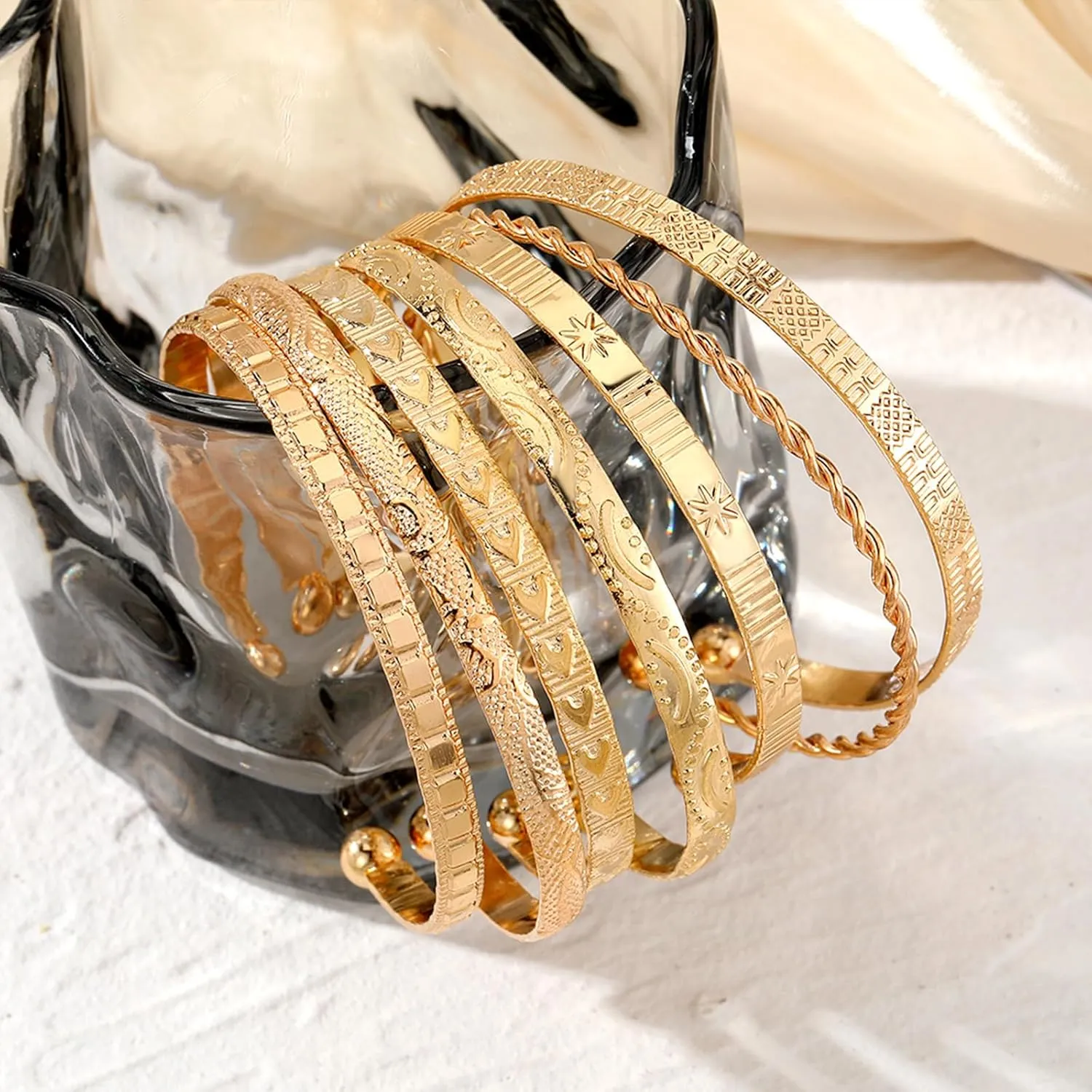 IFKM Gold Bangle Bracelets For Women, 14k Gold Plated Multi Layer Stackable Cuff Bracelet Set, Trendy Elegance Charms Non Tarnish Minimalist Textured Boho Jewelry Gift for Women