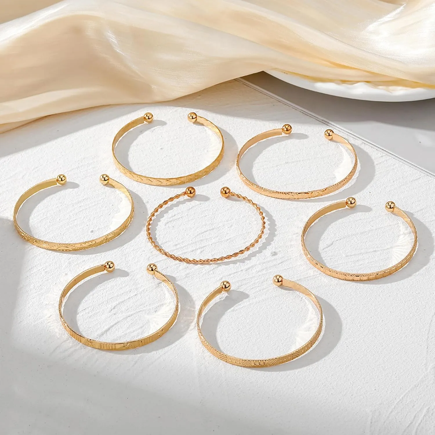 IFKM Gold Bangle Bracelets For Women, 14k Gold Plated Multi Layer Stackable Cuff Bracelet Set, Trendy Elegance Charms Non Tarnish Minimalist Textured Boho Jewelry Gift for Women