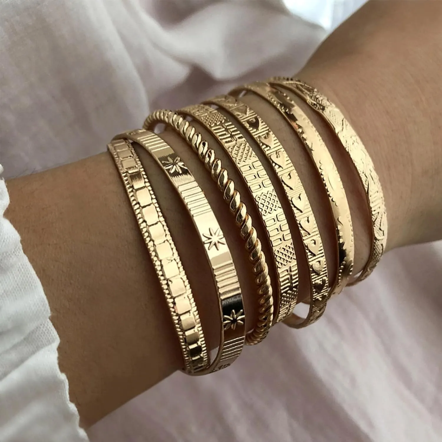 IFKM Gold Bangle Bracelets For Women, 14k Gold Plated Multi Layer Stackable Cuff Bracelet Set, Trendy Elegance Charms Non Tarnish Minimalist Textured Boho Jewelry Gift for Women
