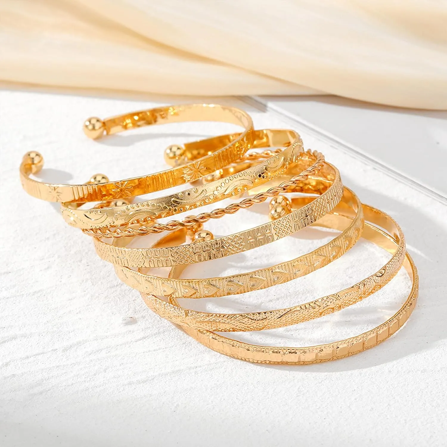 IFKM Gold Bangle Bracelets For Women, 14k Gold Plated Multi Layer Stackable Cuff Bracelet Set, Trendy Elegance Charms Non Tarnish Minimalist Textured Boho Jewelry Gift for Women