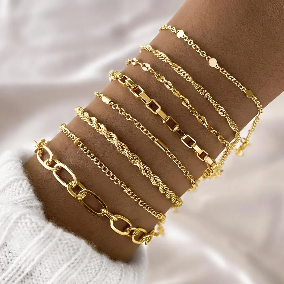 IFKM Gold Bracelets for Women, 14K Gold Plated Dainty Link Chain Bracelet set, Trendy Stackable Layered Bracelets jewelry Gifts