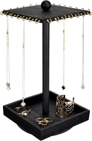 Ikee Design Wooden Rotating Jewelry Organizer, Jewelry Display Tower for Necklace & Bracelet, Rotating Necklace Holder Organizer, Jewelry Stand for Shows, Black Color, 7.88 W x 7.88 D x 16 H in