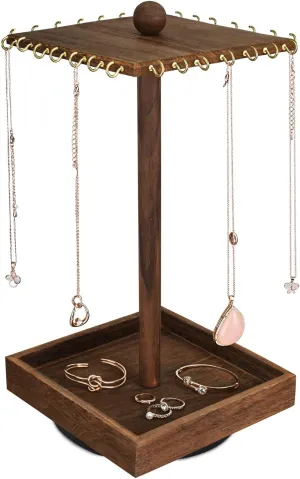 Ikee Design Wooden Rotating Jewelry Organizer, Jewelry Display Tower for Necklace & Bracelet, Rotating Necklace Holder Organizer, Jewelry Stand for Shows, Brown Color, 7.88 W x 7.88 D x 16 H in
