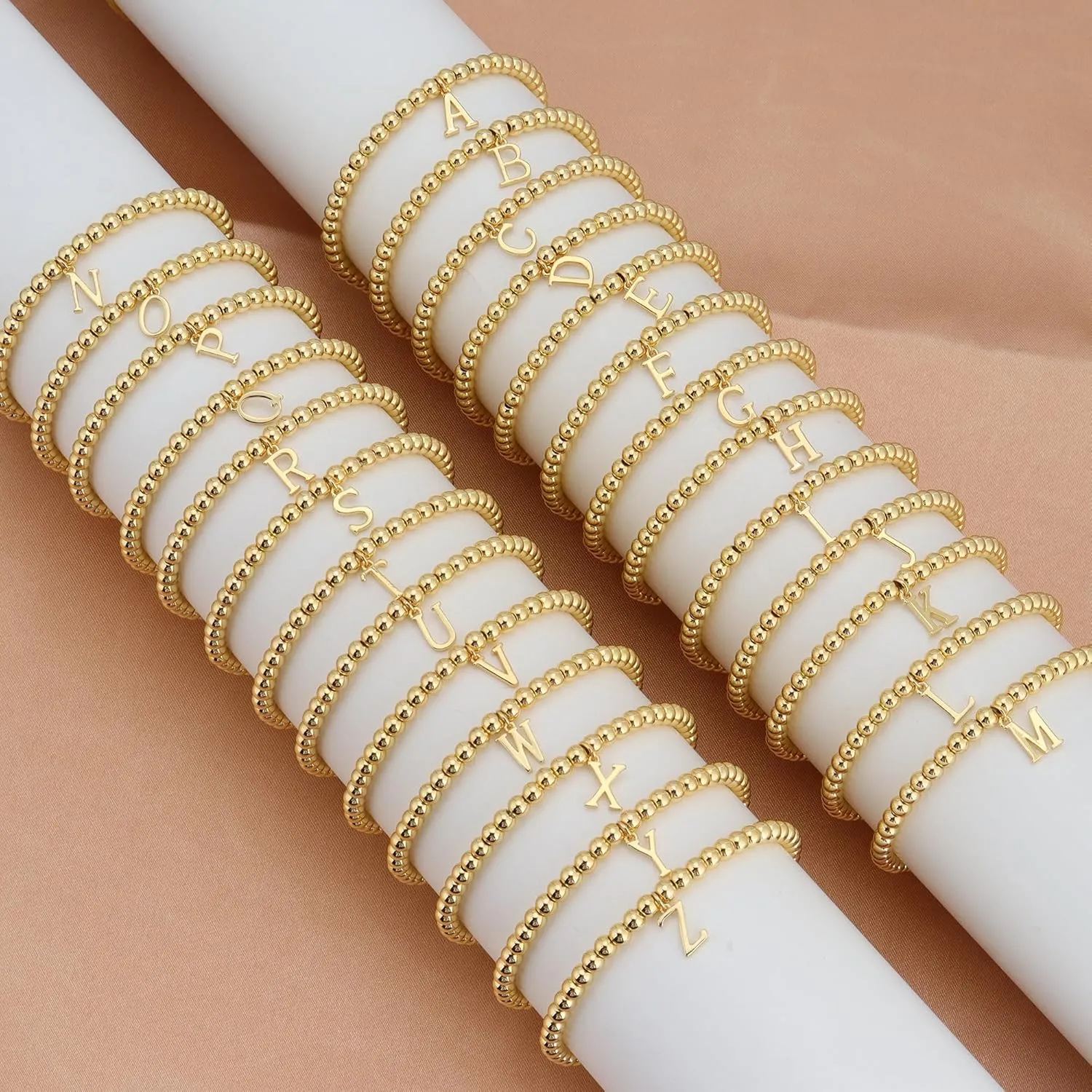 Initial Bracelet Set for Women,14K Gold Plated Stackable Beaded Non Tarnish Bracelet with Letter A-Z Available