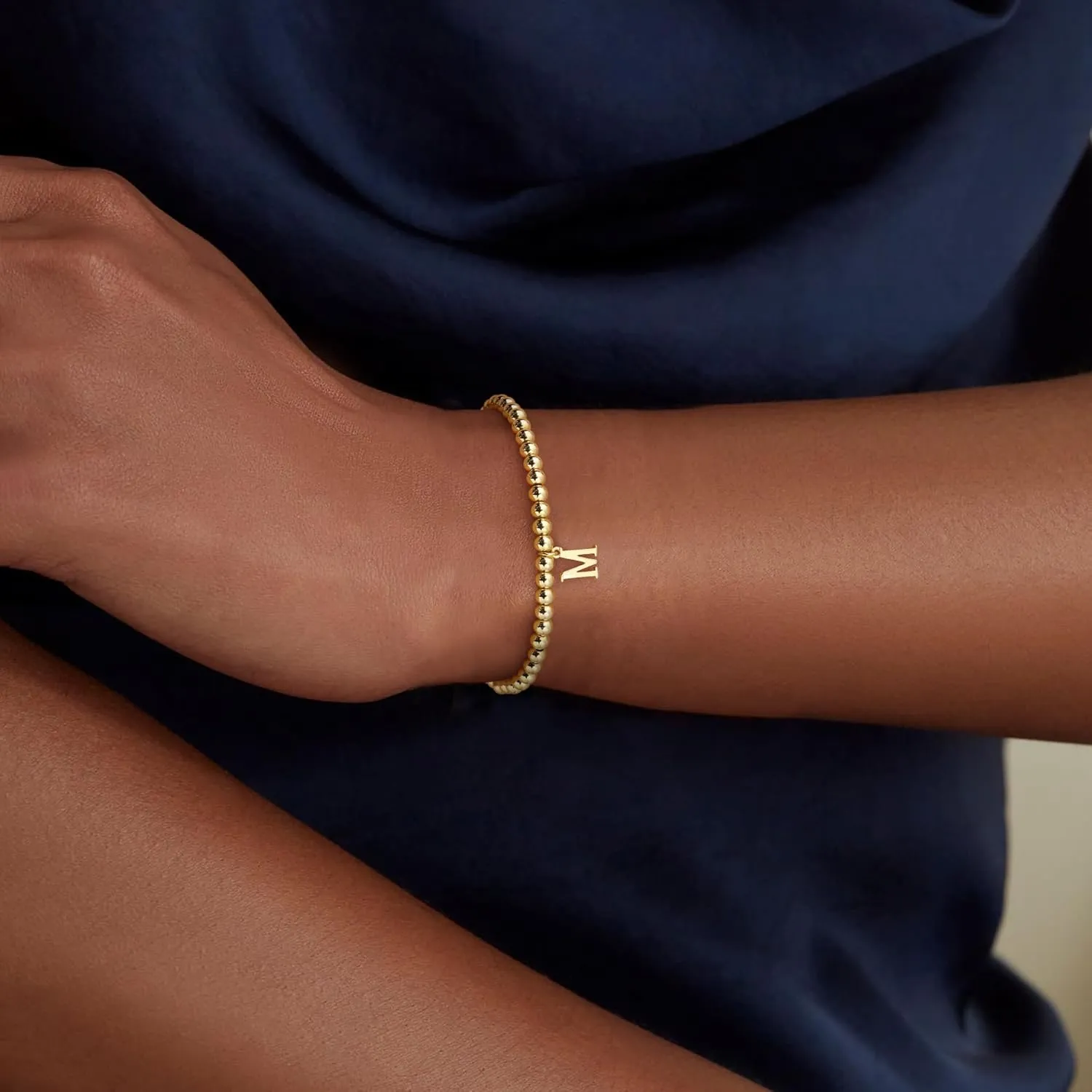 Initial Bracelet Set for Women,14K Gold Plated Stackable Beaded Non Tarnish Bracelet with Letter A-Z Available