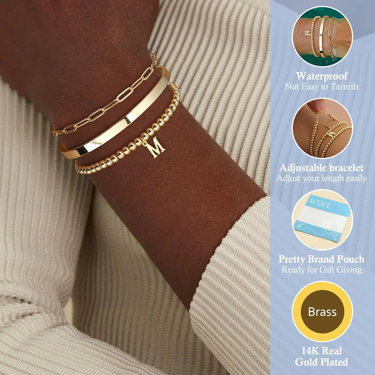 Initial Bracelet Set for Women,14K Gold Plated Stackable Beaded Non Tarnish Bracelet with Letter A-Z Available