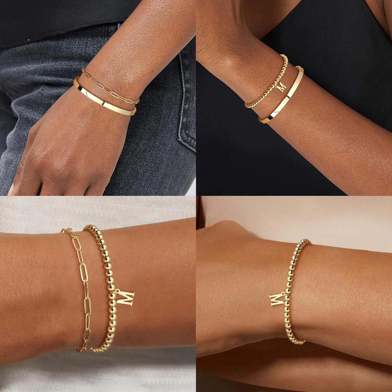 Initial Bracelet Set for Women,14K Gold Plated Stackable Beaded Non Tarnish Bracelet with Letter A-Z Available