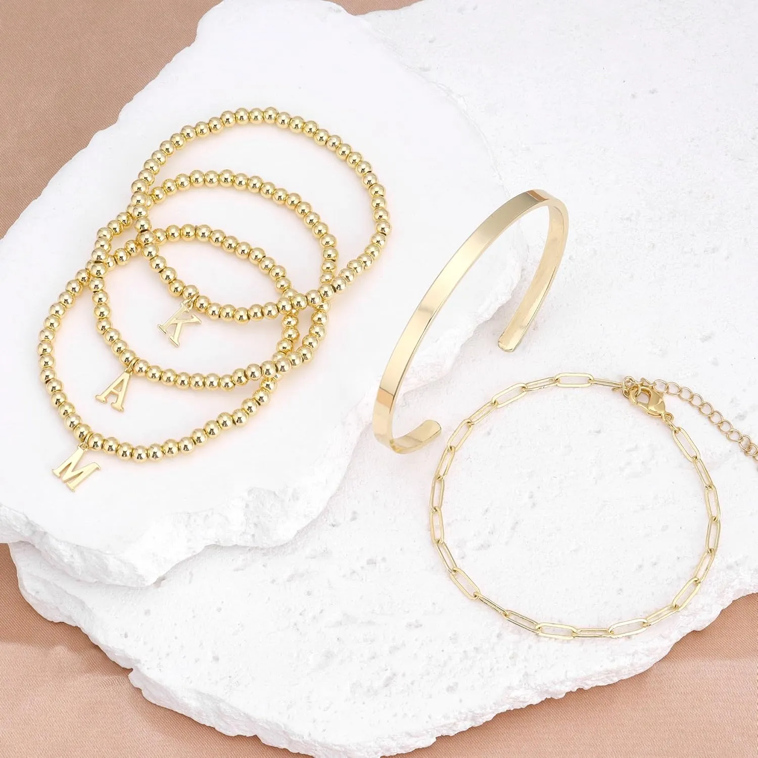Initial Bracelet Set for Women,14K Gold Plated Stackable Beaded Non Tarnish Bracelet with Letter A-Z Available
