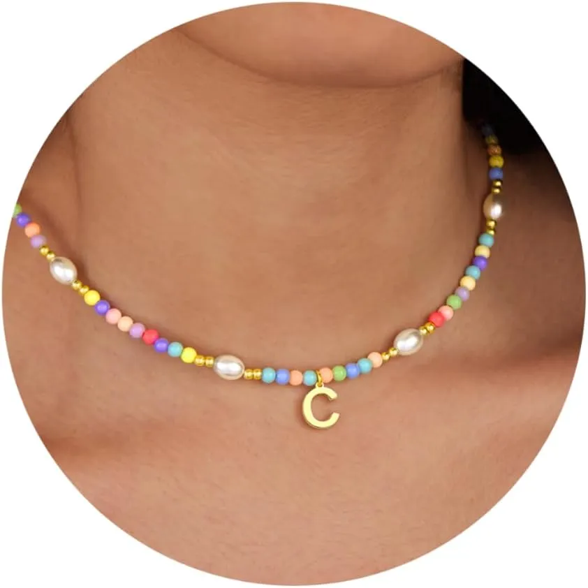 Initial C Cute Beaded Necklaces for Girls Trendy Dainty Colorful Pearl Letter Choker Necklace for Women Teen Girls Stuff Handmade 14K Gold Plated Bohemian Birthday Personalized Jewelry Gifts
