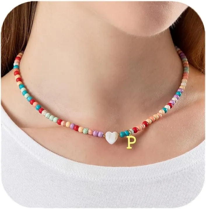 Initial Necklaces for Women,Colorful Beaded Choker Necklaces for Women Gifts Bohemian Letter Choker Necklace Jewelry for Women Birthday Gifts