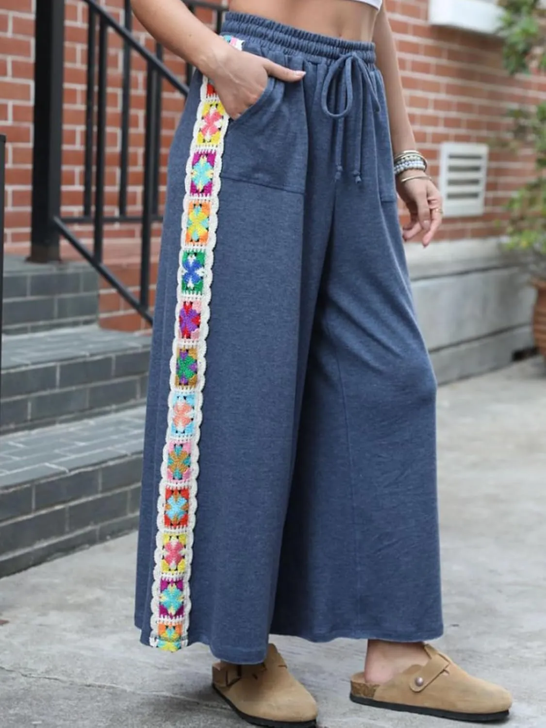 Jenkoon Women Wide-Leg Sweatpants Lace Trim Pants Casual High-Waist Flowy Trousers with Pocket