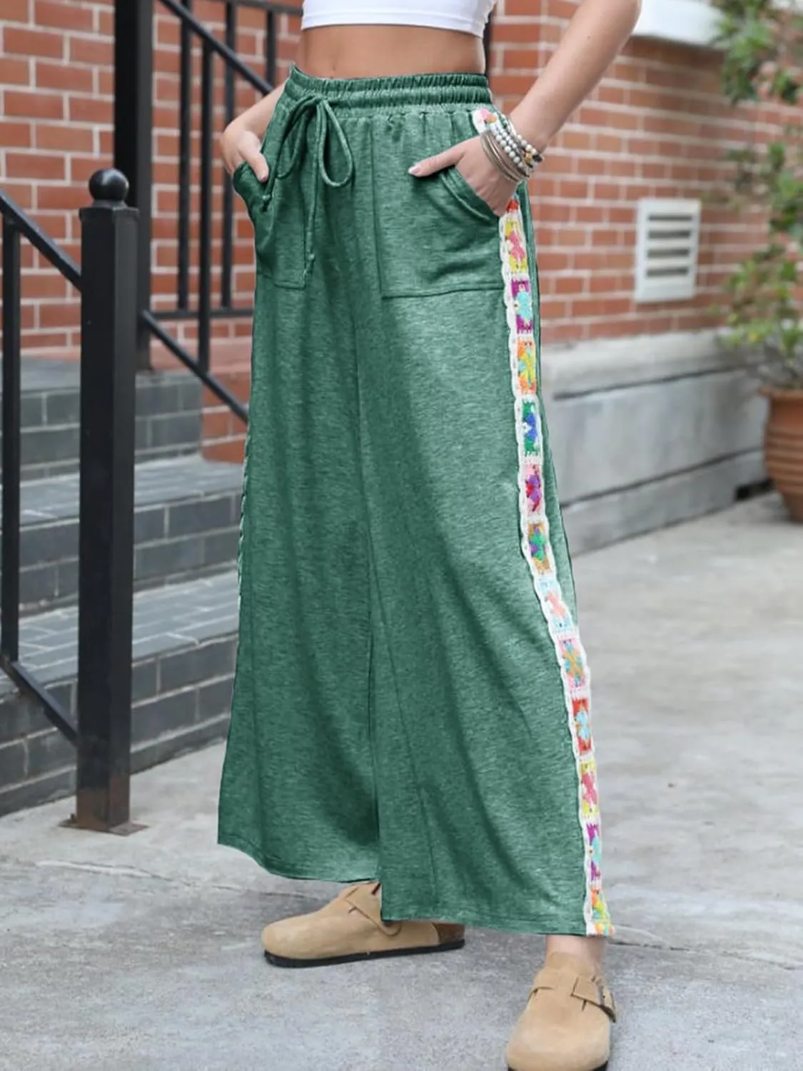 Jenkoon Women Wide-Leg Sweatpants Lace Trim Pants Casual High-Waist Flowy Trousers with Pocket