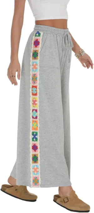 Jenkoon Women Wide-Leg Sweatpants Lace Trim Pants Casual High-Waist Flowy Trousers with Pocket