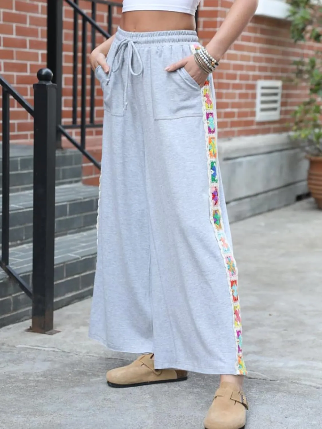 Jenkoon Women Wide-Leg Sweatpants Lace Trim Pants Casual High-Waist Flowy Trousers with Pocket