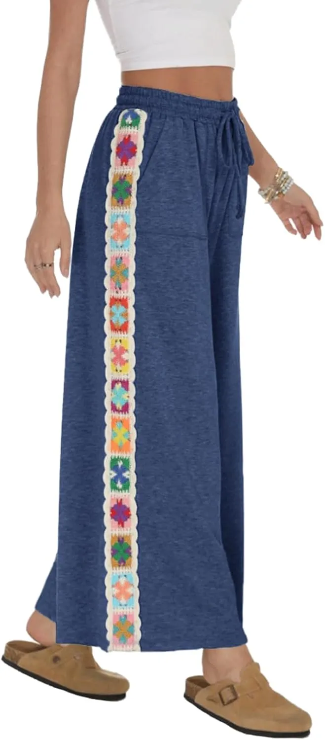 Jenkoon Women Wide-Leg Sweatpants Lace Trim Pants Casual High-Waist Flowy Trousers with Pocket