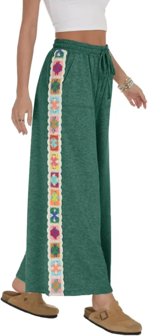 Jenkoon Women Wide-Leg Sweatpants Lace Trim Pants Casual High-Waist Flowy Trousers with Pocket