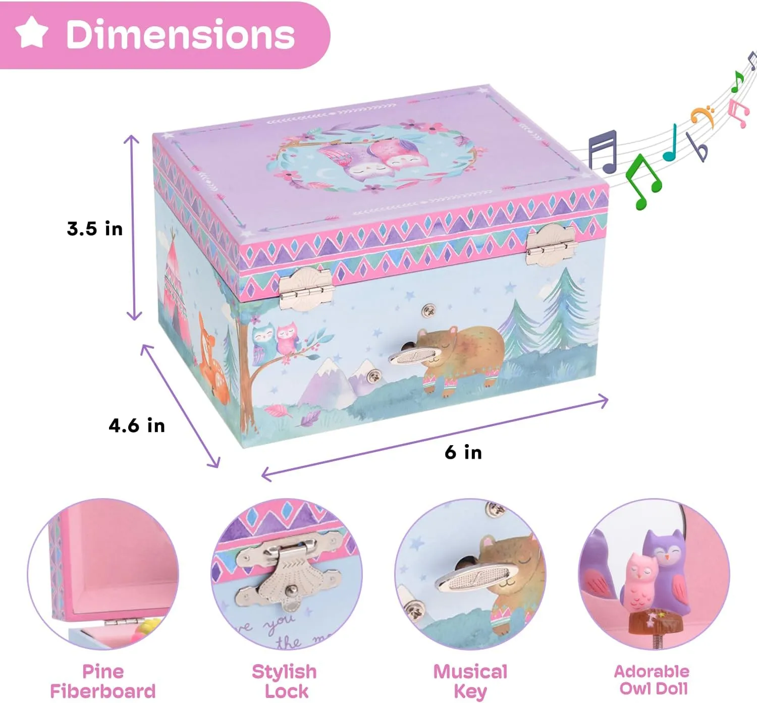 Jewelkeeper Girl's Musical Jewelry Storage Box with Spinning Owls, Woodland Design, Twinkle Twinkle Little Star Tune