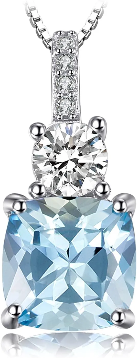 JewelryPalace 2.2ct Cushion Cut Genuine Sky Blue Topaz Pendant Necklace for Women, 14k White Yellow Rose Gold Plated 925 Sterling Silver Necklace For Her, Natural Gemstone Jewelry Sets 18 Inches Chain