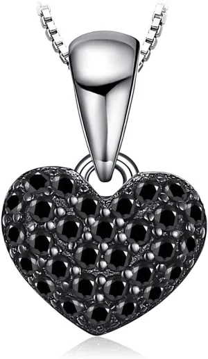 JewelryPalace Love Heart Cut Genuine Black Spinel Pendant Necklace for Women, 14k White Gold Plated 925 Sterling Silver Necklace for Her, Natural Gemstone Jewelry Sets, 18 Inches Chain