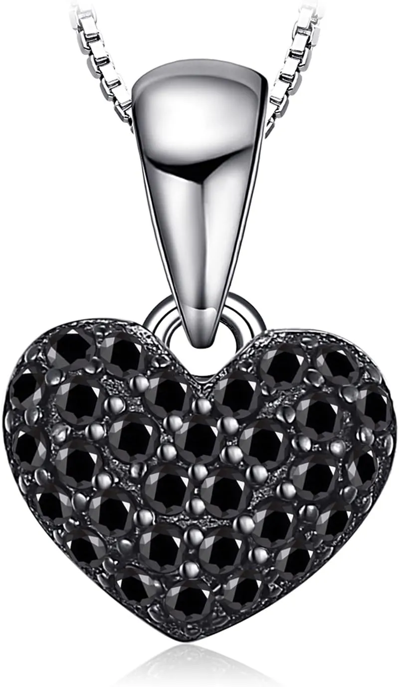 JewelryPalace Love Heart Cut Genuine Black Spinel Pendant Necklace for Women, 14k White Gold Plated 925 Sterling Silver Necklace for Her, Natural Gemstone Jewelry Sets, 18 Inches Chain