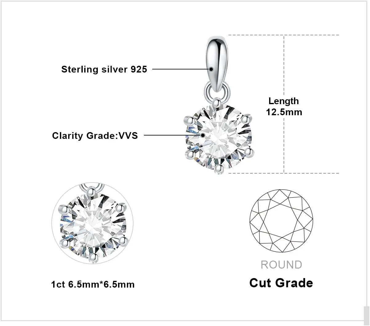 JewelryPalace Round 1ct 2ct 3ct Cubic Zirconia Solitaire Pendant Necklace for Women, 925 Sterling Silver 14k White Gold Plated Necklaces for Her, Classic Simulated Diamond Jewelry Set, 18 Inches chain