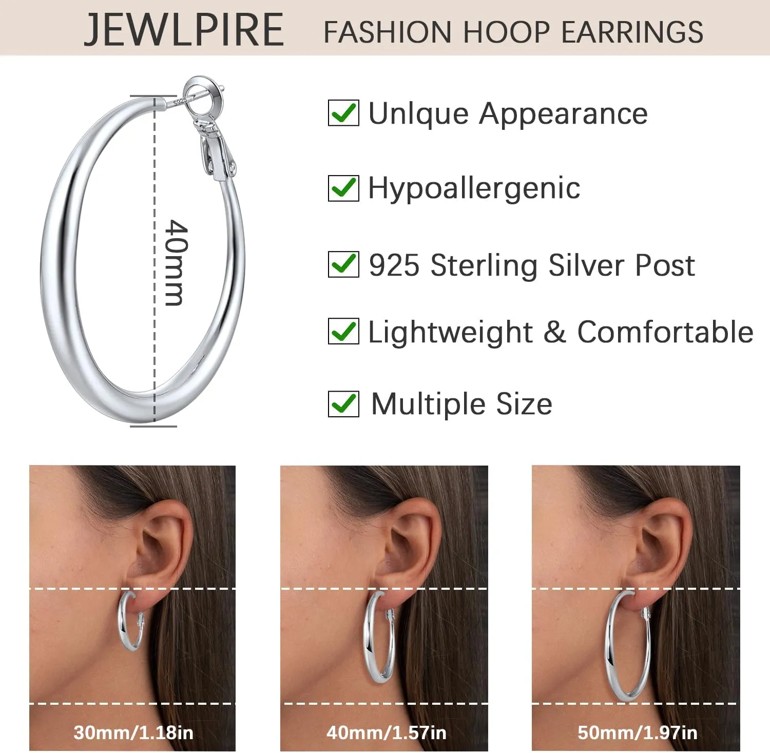 Jewlpire Gifts for Women 14K Gold Plated Hoop Earrings with 925 Stering Silver Post, Lightweight & Hypoallergenic Gold/Silver/Rose Gold Hoop Earrings for Women 30mm/40mm/50mm/60mm