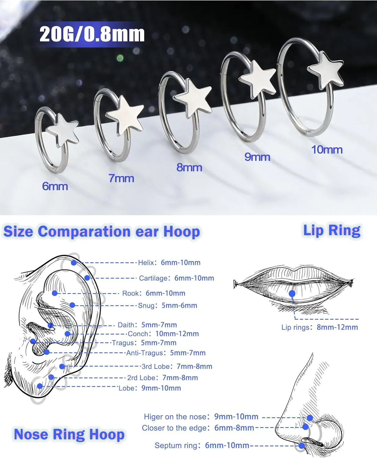 Jewseen 20g Nose Rings Hoops 316L Surgical Stainless Steel Nose Piercing Jewelry Helix Tragus Conch Rook Earrings Hinged Segment Lip Ring for Women Men