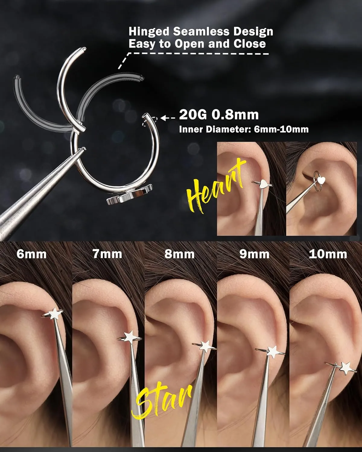 Jewseen 20g Nose Rings Hoops 316L Surgical Stainless Steel Nose Piercing Jewelry Helix Tragus Conch Rook Earrings Hinged Segment Lip Ring for Women Men